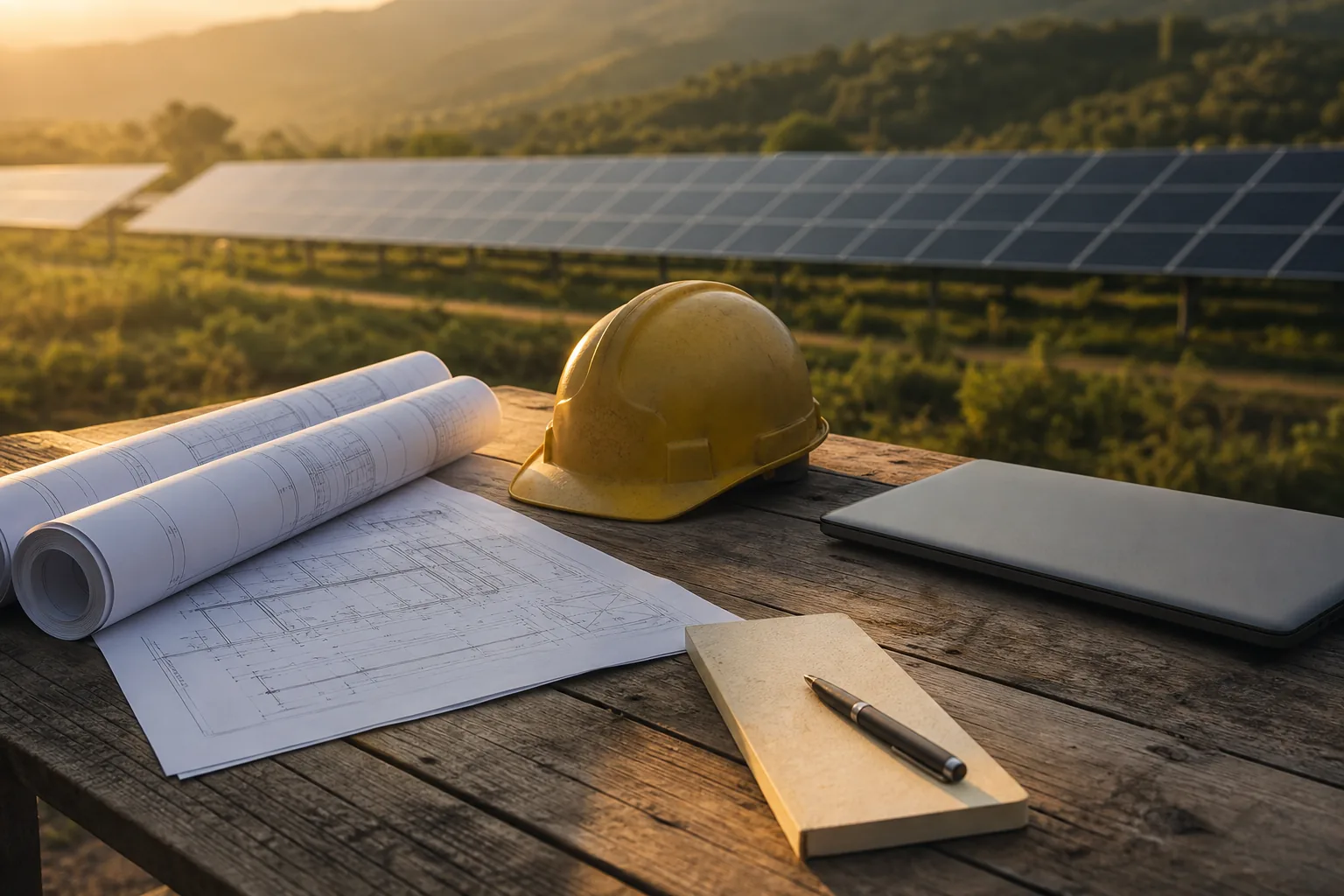 Technical plans, a hard hat and a laptop on a table at a solar site