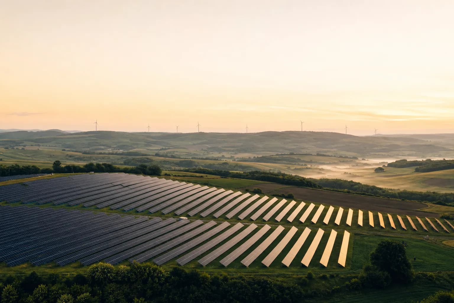 Parc eolian și fotovoltaic la apus, deasupra dealurilor